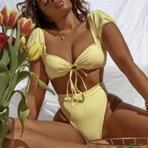 High Waist Short Sleeve Cinch Front Brazilian Two Piece Bikini Swimsuit